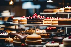 many different types of cakes are on display in a bakery. AI-Generated photo