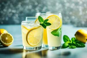 three glasses of lemonade with mint leaves. AI-Generated photo