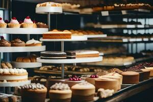 many different types of cakes are on display in a bakery. AI-Generated photo