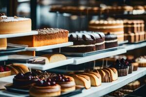 a variety of cakes are on display in a bakery. AI-Generated photo