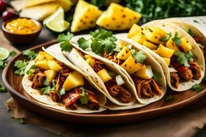three tacos with pineapple, cilantro and cheese. AI-Generated photo