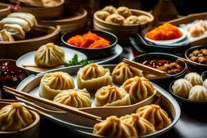 a table with many different types of dumplings. AI-Generated photo