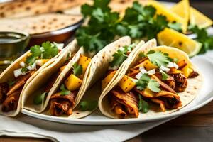 three tacos with meat and vegetables on a plate. AI-Generated photo