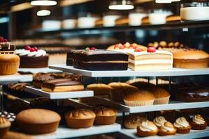 many different types of cakes are on display in a bakery. AI-Generated photo