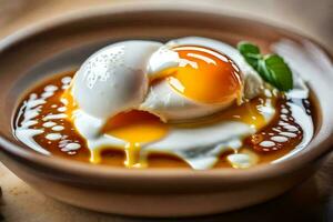 an egg is sitting on top of a bowl of sauce. AI-Generated photo