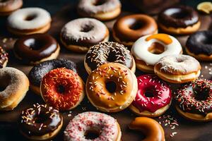a variety of donuts are arranged on a table. AI-Generated photo