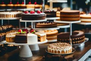 many different types of cakes are on display in a bakery. AI-Generated photo