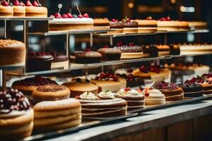 a display of cakes in a bakery. AI-Generated photo