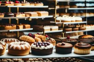 many different types of pastries are on display in a bakery. AI-Generated photo