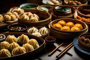 a table filled with various types of dumplings. AI-Generated photo