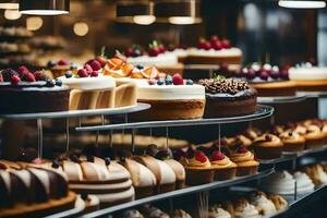 many different types of cakes are on display in a bakery. AI-Generated photo