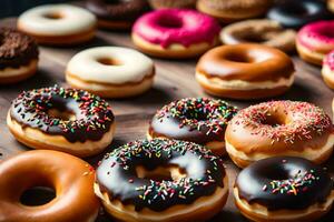 a variety of donuts are arranged on a table. AI-Generated photo