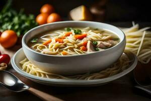 a bowl of chicken noodle soup with a spoon. AI-Generated photo