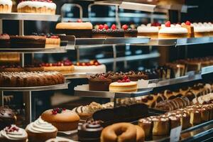 many different types of cakes are on display in a bakery. AI-Generated photo