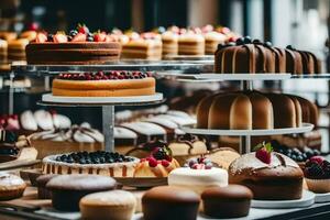 many different types of cakes are on display in a bakery. AI-Generated photo