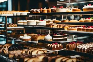 many different types of cakes are on display in a bakery. AI-Generated photo