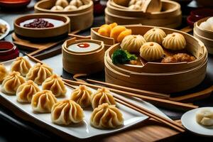 a table with many different types of dumplings. AI-Generated photo