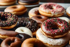 un manojo de rosquillas son sentado en un mesa. generado por ai foto