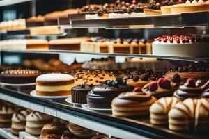 many different types of cakes are on display in a bakery. AI-Generated photo