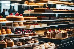 many different types of cakes are on display in a bakery. AI-Generated photo