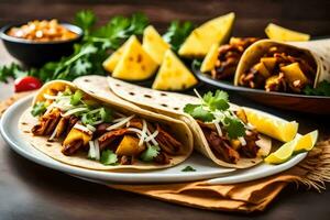 two tacos with pineapple and meat on a plate. AI-Generated photo