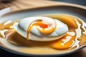 an egg is being drizzled with syrup. AI-Generated photo