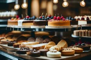 a variety of cakes and pastries on display in a bakery. AI-Generated photo