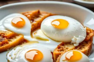 un imagen de un plato con huevos y un pan. generado por ai foto