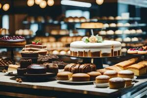 a bakery display with cakes and pastries. AI-Generated photo