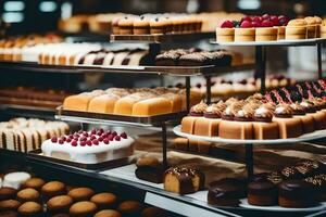 many different types of cakes are on display in a bakery. AI-Generated photo