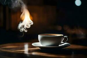 a cup of coffee with smoke coming out of it. AI-Generated photo