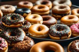 a large number of donuts on a plate. AI-Generated photo