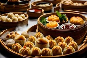 many different types of dumplings are arranged in baskets. AI-Generated photo