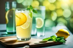 a glass of lemonade with mint leaves and lemons. AI-Generated photo