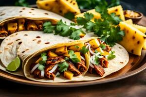 mexican pulled pork tacos with pineapple and cilantro. AI-Generated photo