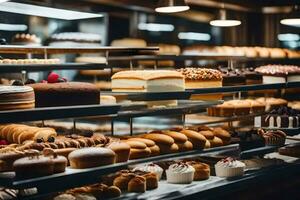 many different types of pastries are on display in a bakery. AI-Generated photo