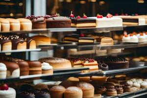 many different types of cakes are on display in a bakery. AI-Generated photo