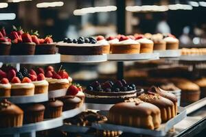 many different types of cakes are on display in a bakery. AI-Generated photo