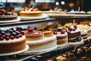 many different types of cakes are on display in a bakery. AI-Generated photo