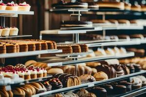 many different types of cakes are on display in a bakery. AI-Generated photo