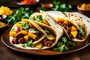 three tacos with meat and vegetables on a wooden table. AI-Generated photo