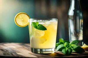 a glass of lemonade with mint leaves and a bottle of vodka. AI-Generated photo