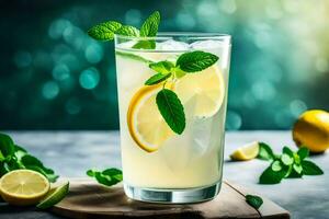 lemonade in a glass with mint leaves. AI-Generated photo