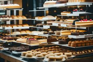 many different types of cakes are on display in a bakery. AI-Generated photo