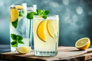 two glasses of lemonade with mint leaves and lemons. AI-Generated photo