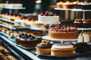 a bakery display with cakes and pastries. AI-Generated photo