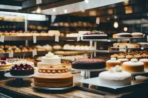 many different types of cakes are on display in a bakery. AI-Generated photo