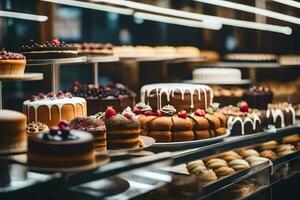 many different types of cakes are on display in a bakery. AI-Generated photo