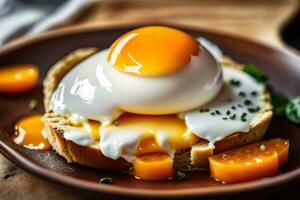 an egg on toast with a slice of orange. AI-Generated photo