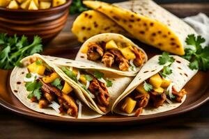 three tacos with meat and pineapple on a plate. AI-Generated photo